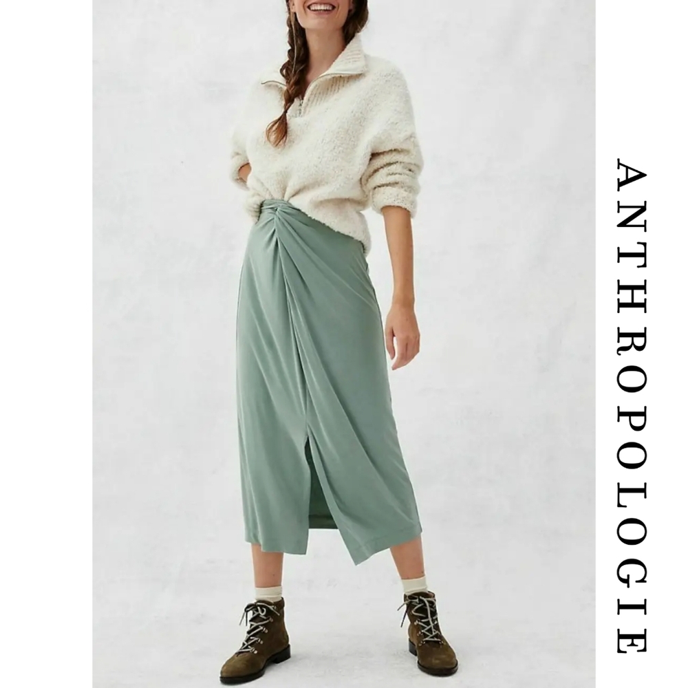 Anthropologie Women's Green Twist Front June Midi Skirt Size XL